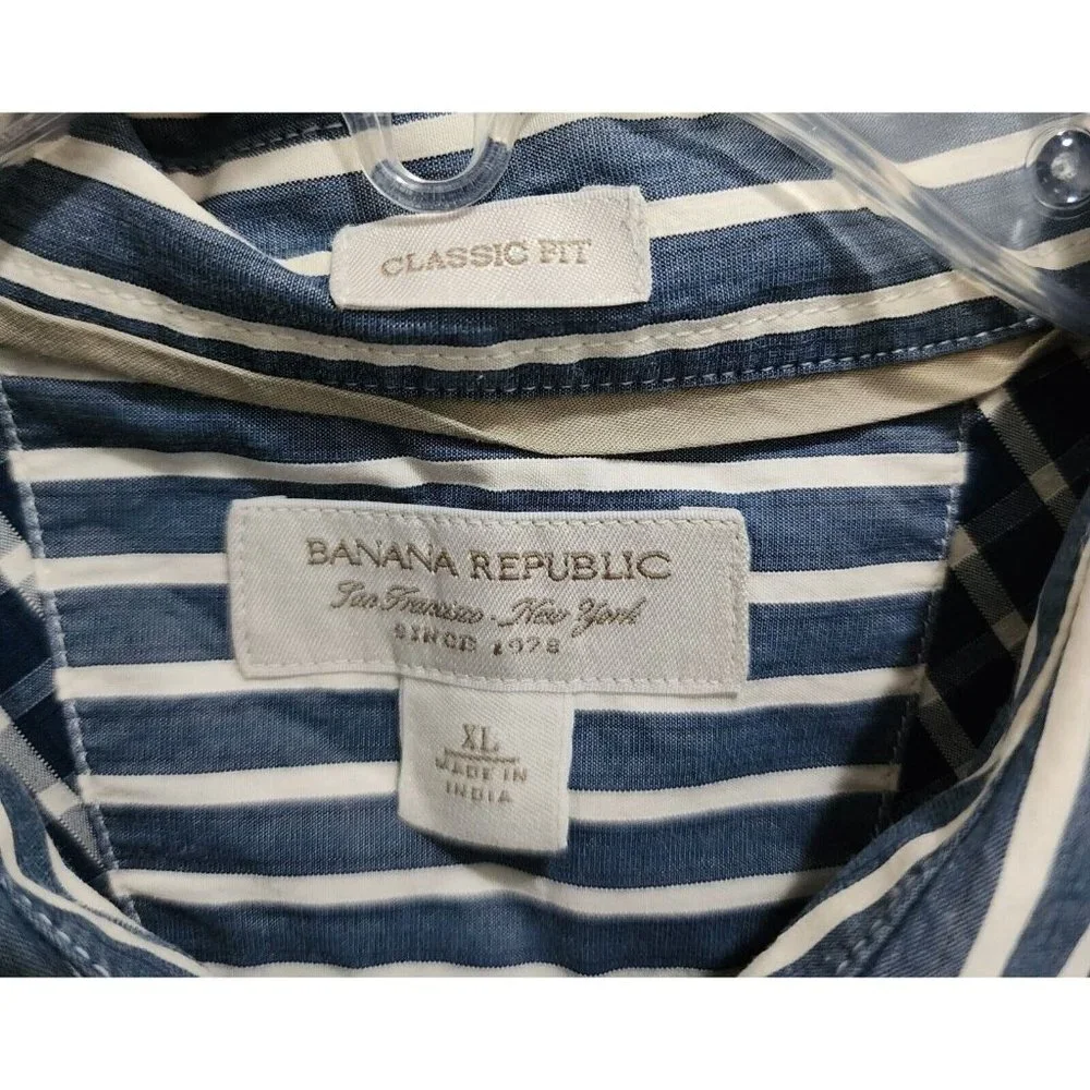 Banana Republic Blue White Striped Classic Fit Long Sleeve Button Up Shirt Sz XL